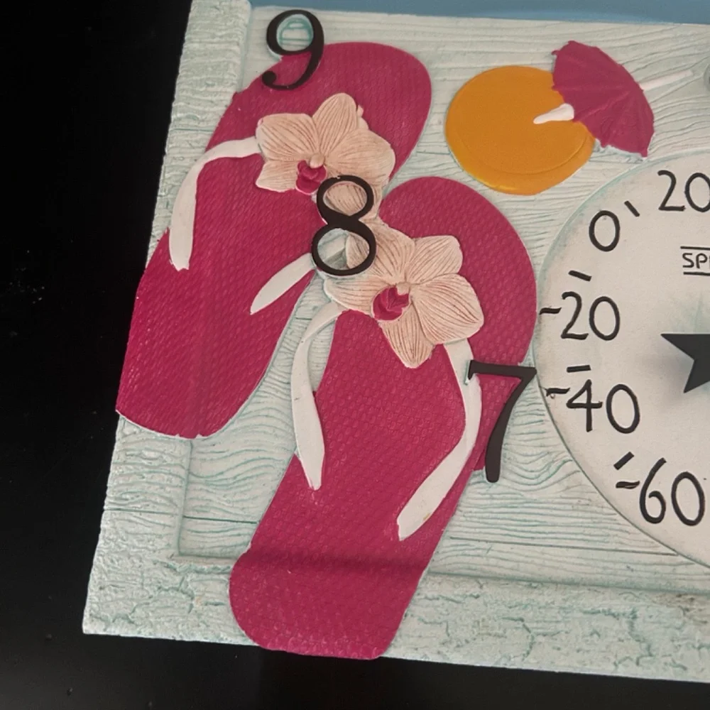 “At The Pool” Poly Resin Clock with Thermometer. NWOT